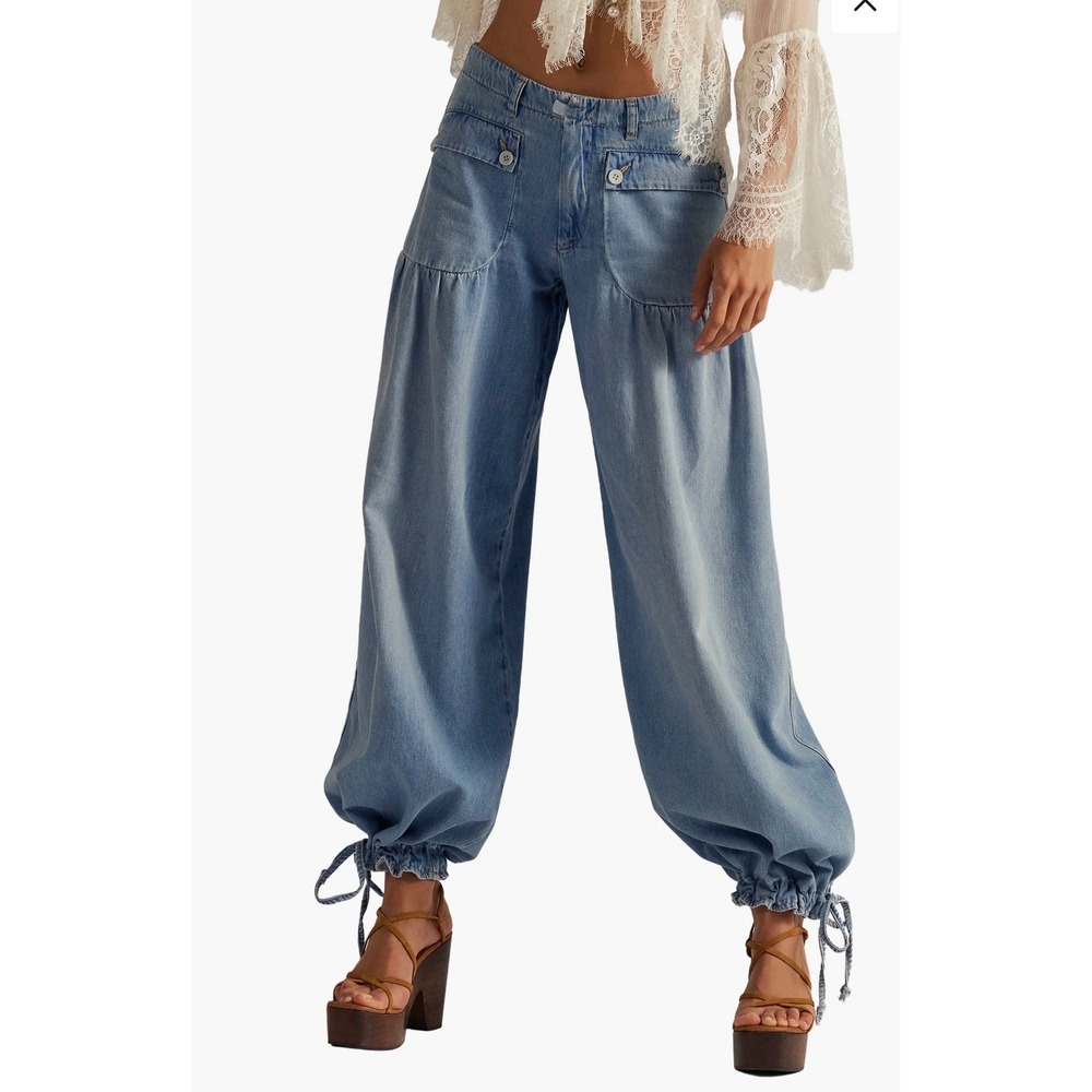 Free People We The Free Blue Wide Leg Tie Cuff Denim Pants Size 25